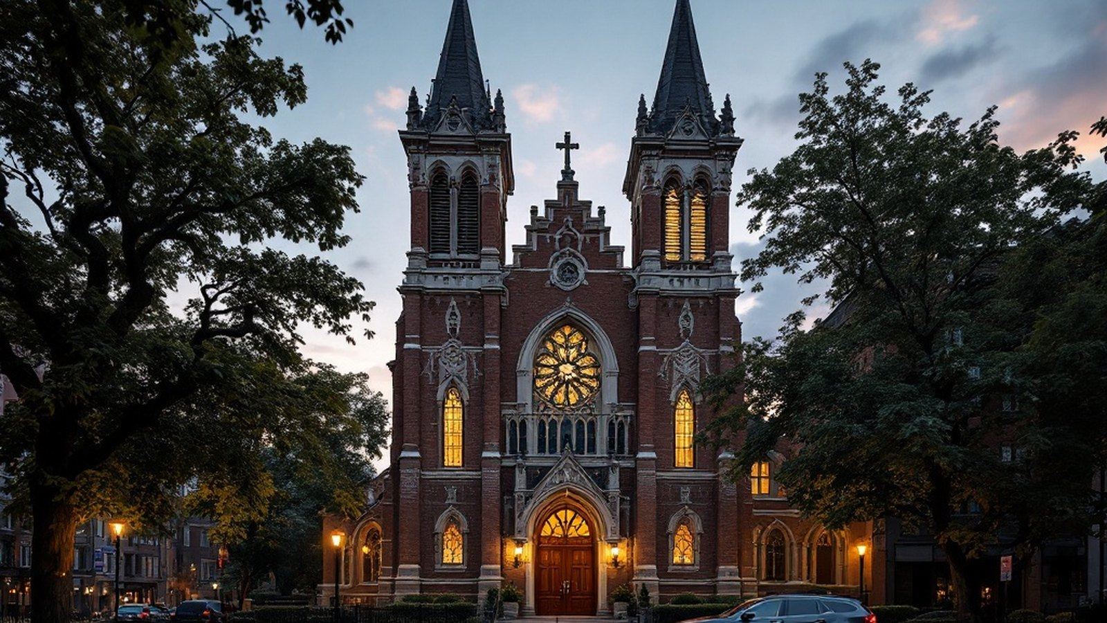The Bedford-stone Gothic and Tudor Revival facade of a historic Harlem Baptist church