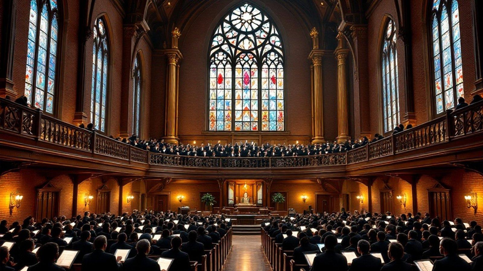 A wide interior of a grand historic Black church sanctuary with tall stained-glass windows and a deep balcony