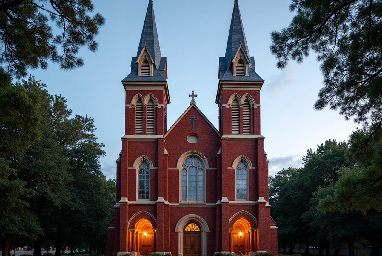The twin towers of a historic red-brick Baptist church