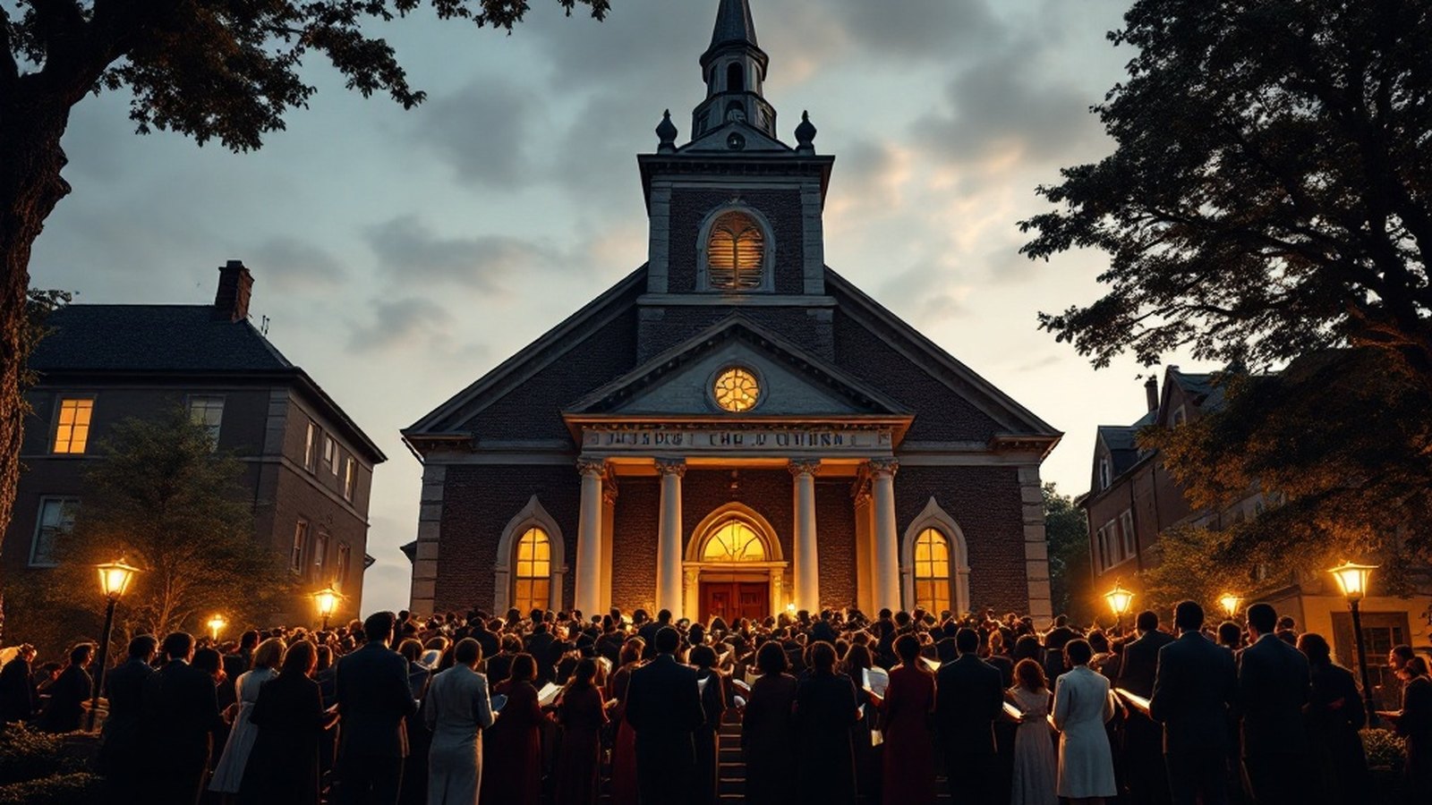 Congregants gathered on the front steps of a city church after a service
