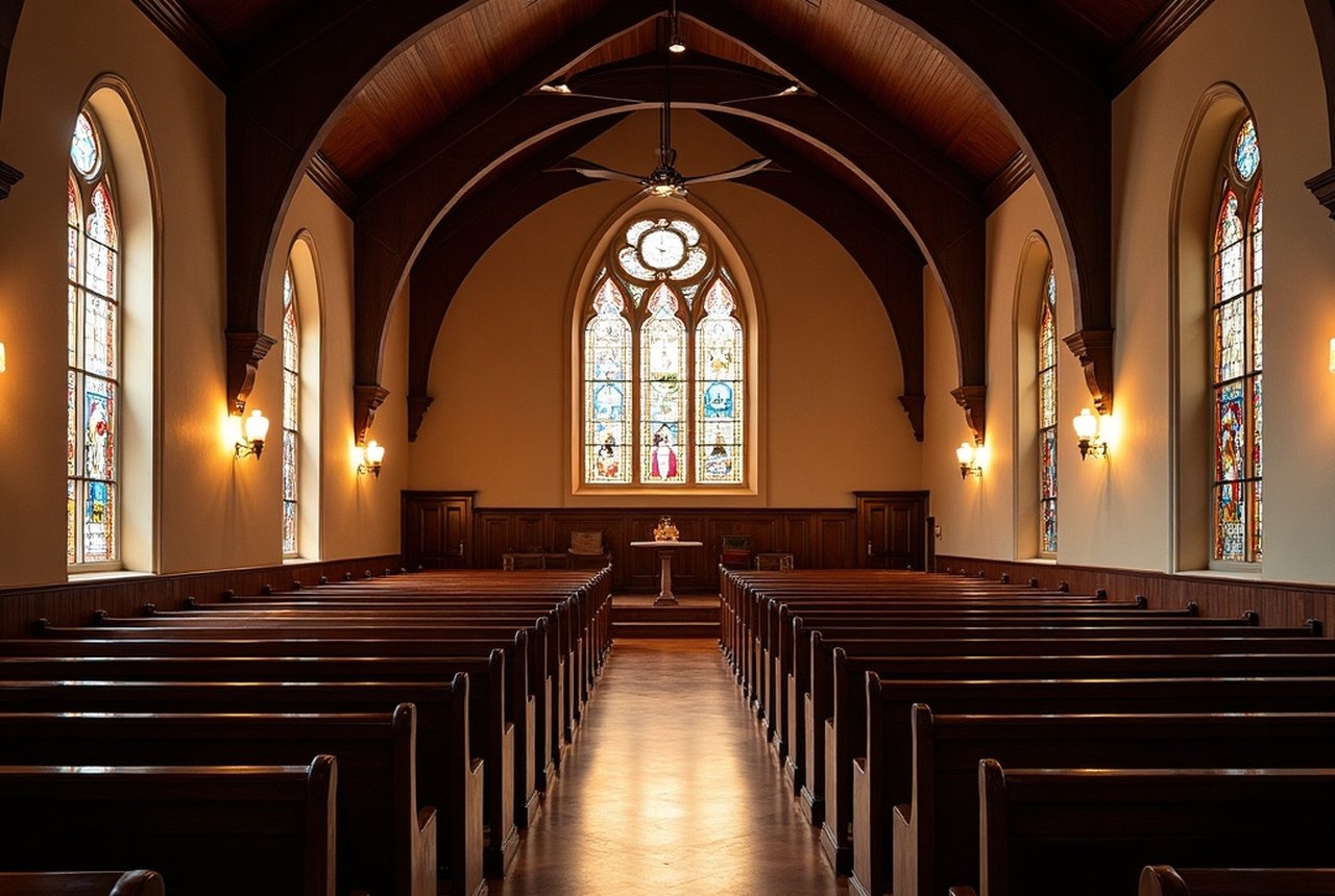 The interior of a historic Black church arranged with both pews and classroom seating