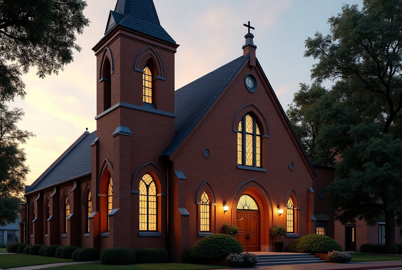 The brick Romanesque facade of the historic a historic African Methodist Episcopal church