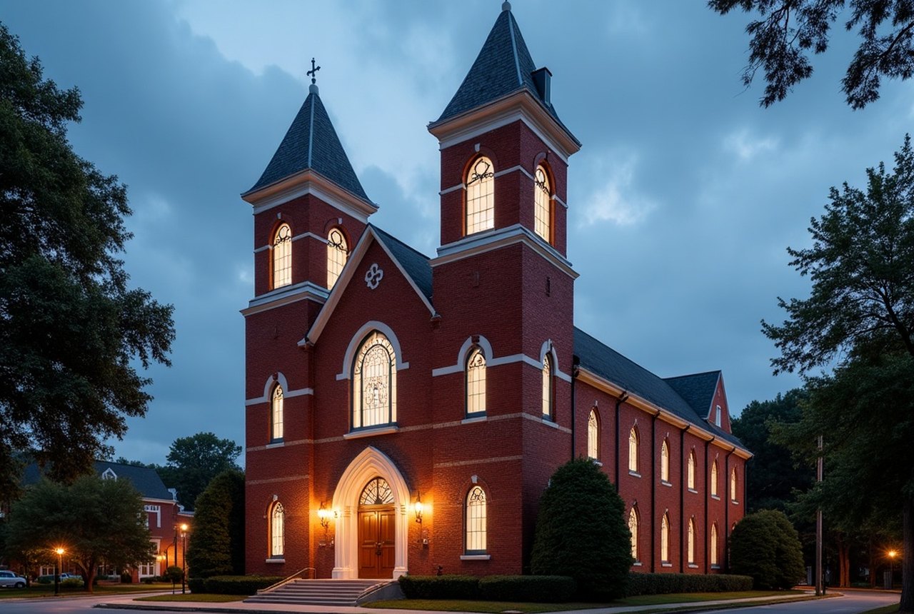 The twin domed towers and red-brick facade of a historic red-brick Baptist church