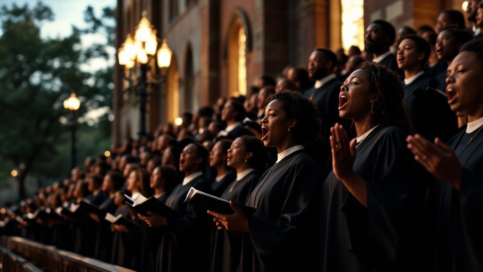 A robed mass choir on tiered risers mid-song, hands lifted