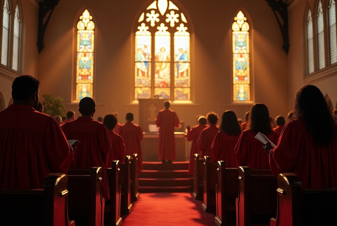A robed mass choir on tiered risers mid-song, hands lifted, in a bright sanctuary