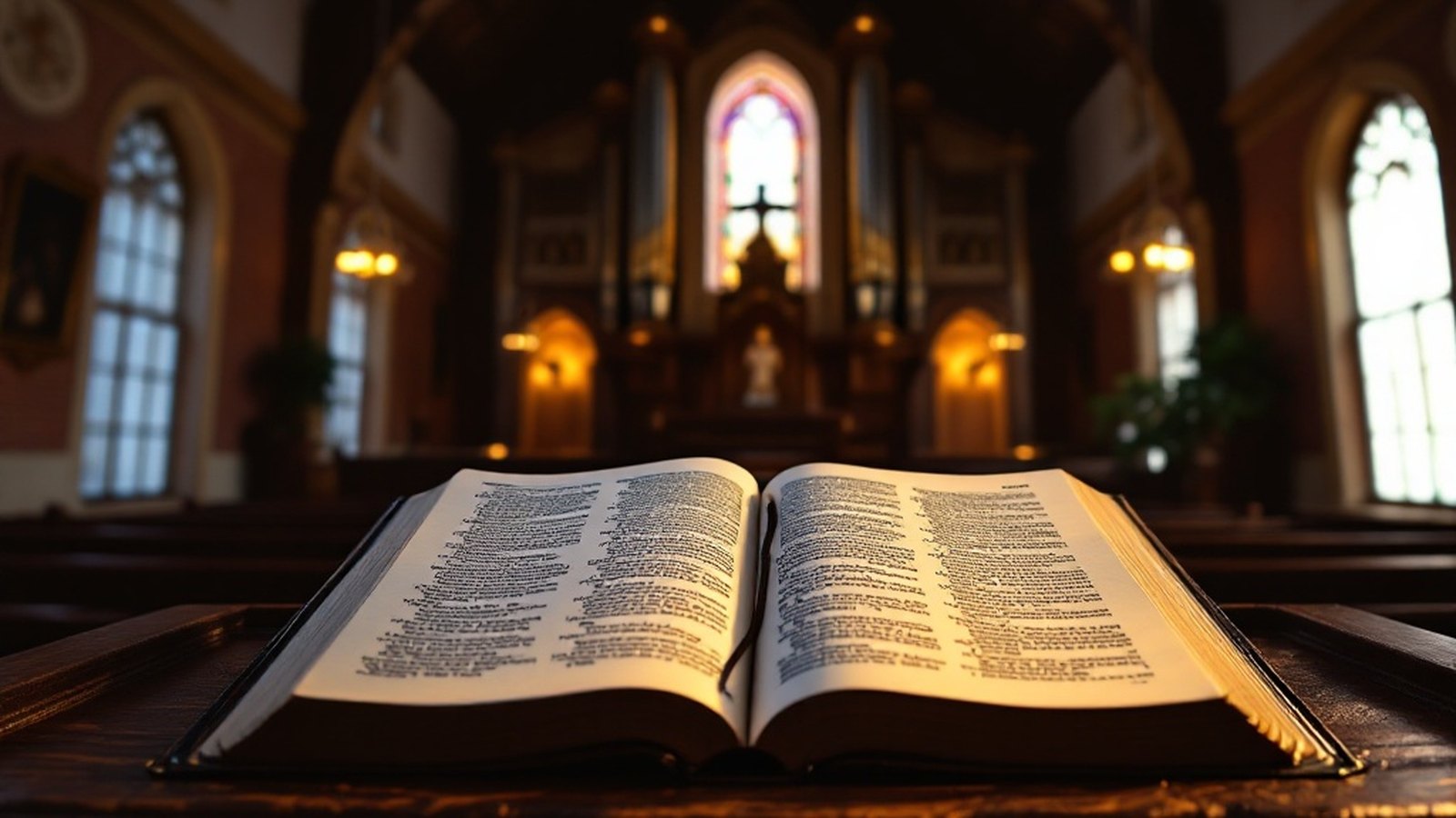 A carved wooden pulpit with an open Bible, lit from a high window