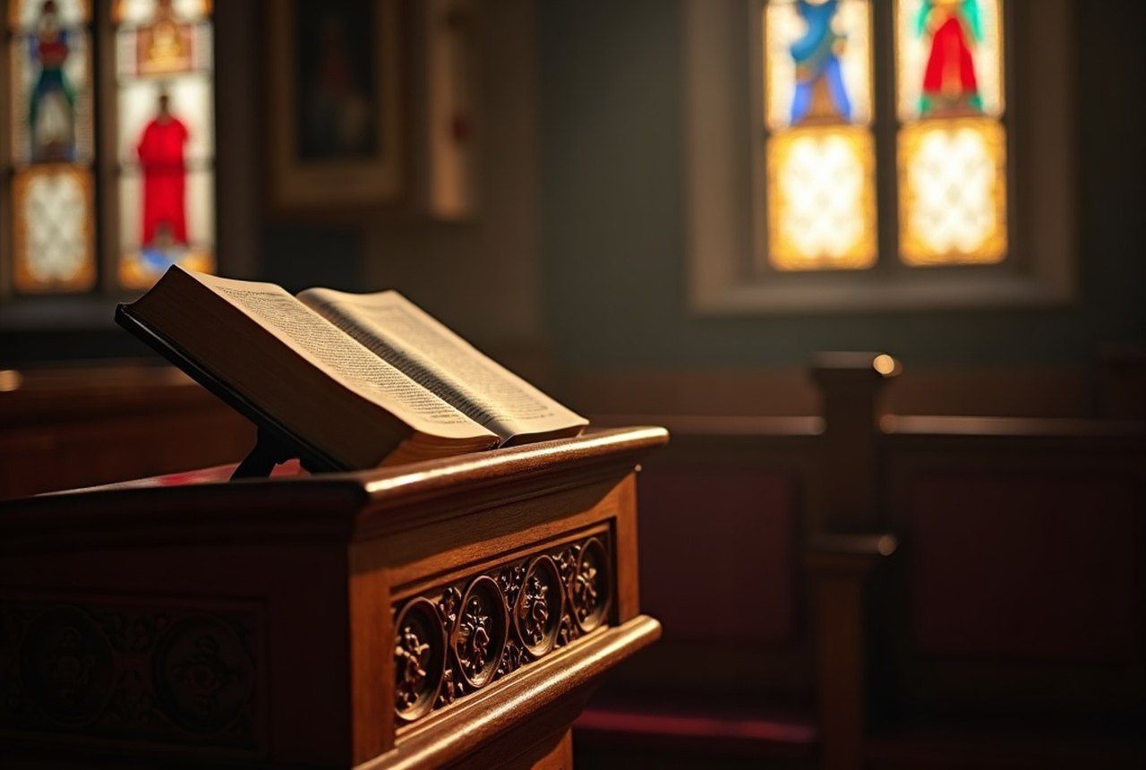 A carved wooden pulpit with an open Bible, lit by a shaft of light from a high window