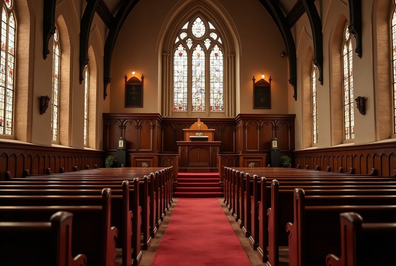 A raised pulpit in a historic sanctuary seen across rows of empty wooden pews