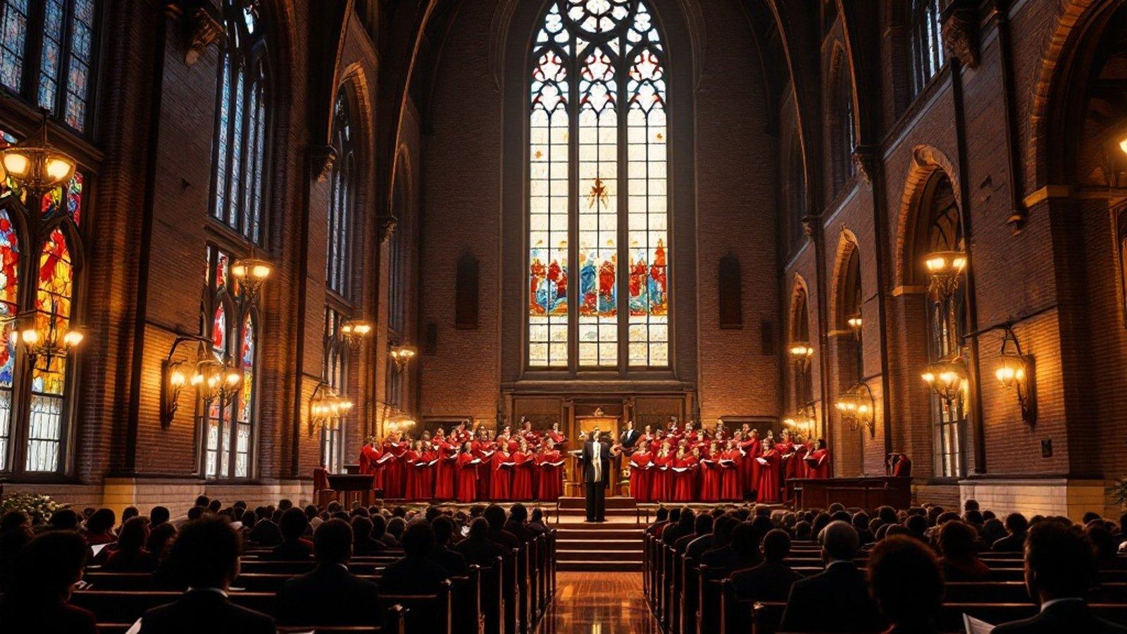 A wide interior of a grand historic Black church sanctuary with tall stained-glass windows