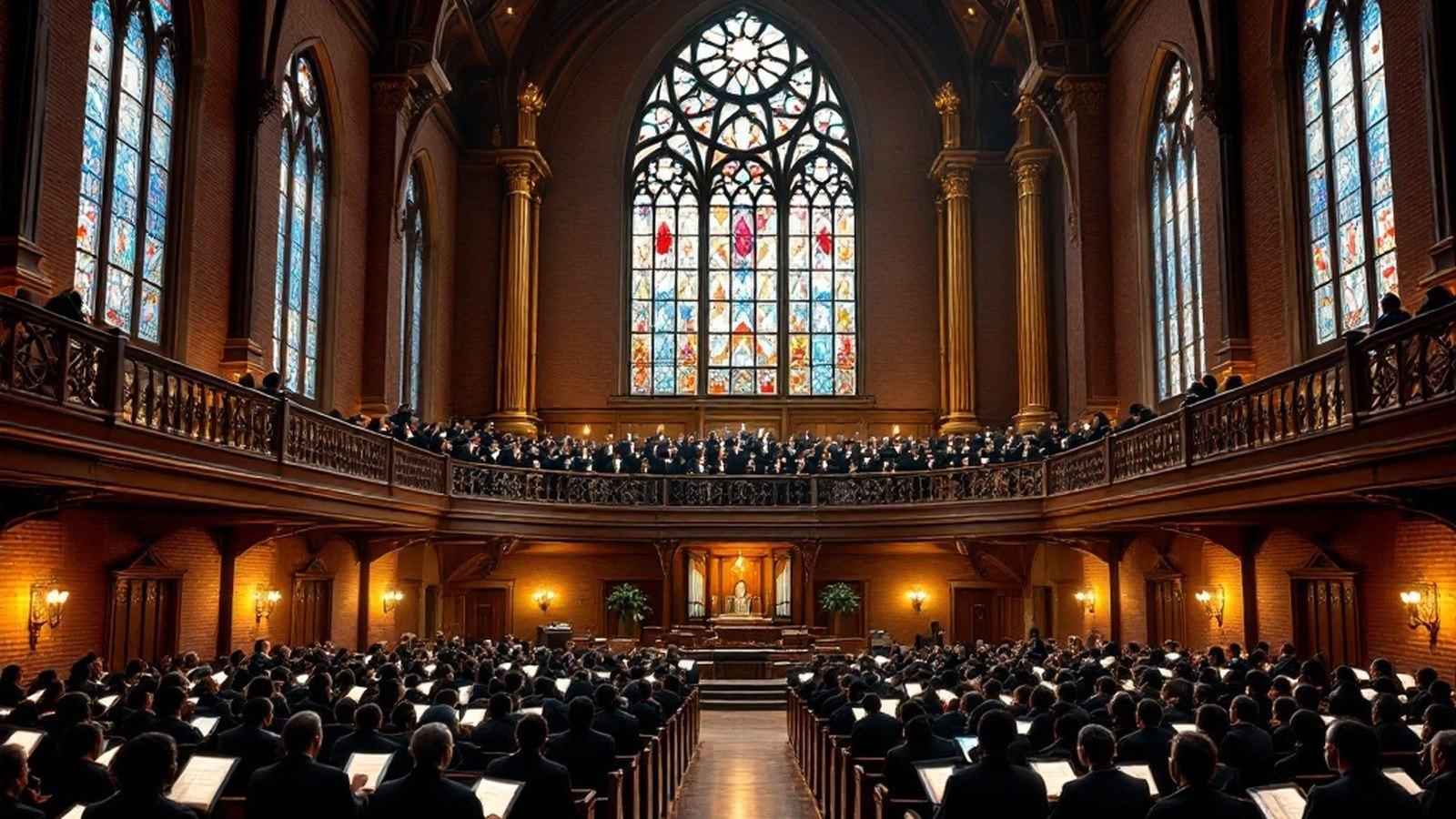 A wide interior of a grand historic Black church sanctuary with tall stained-glass windows and a deep balcony