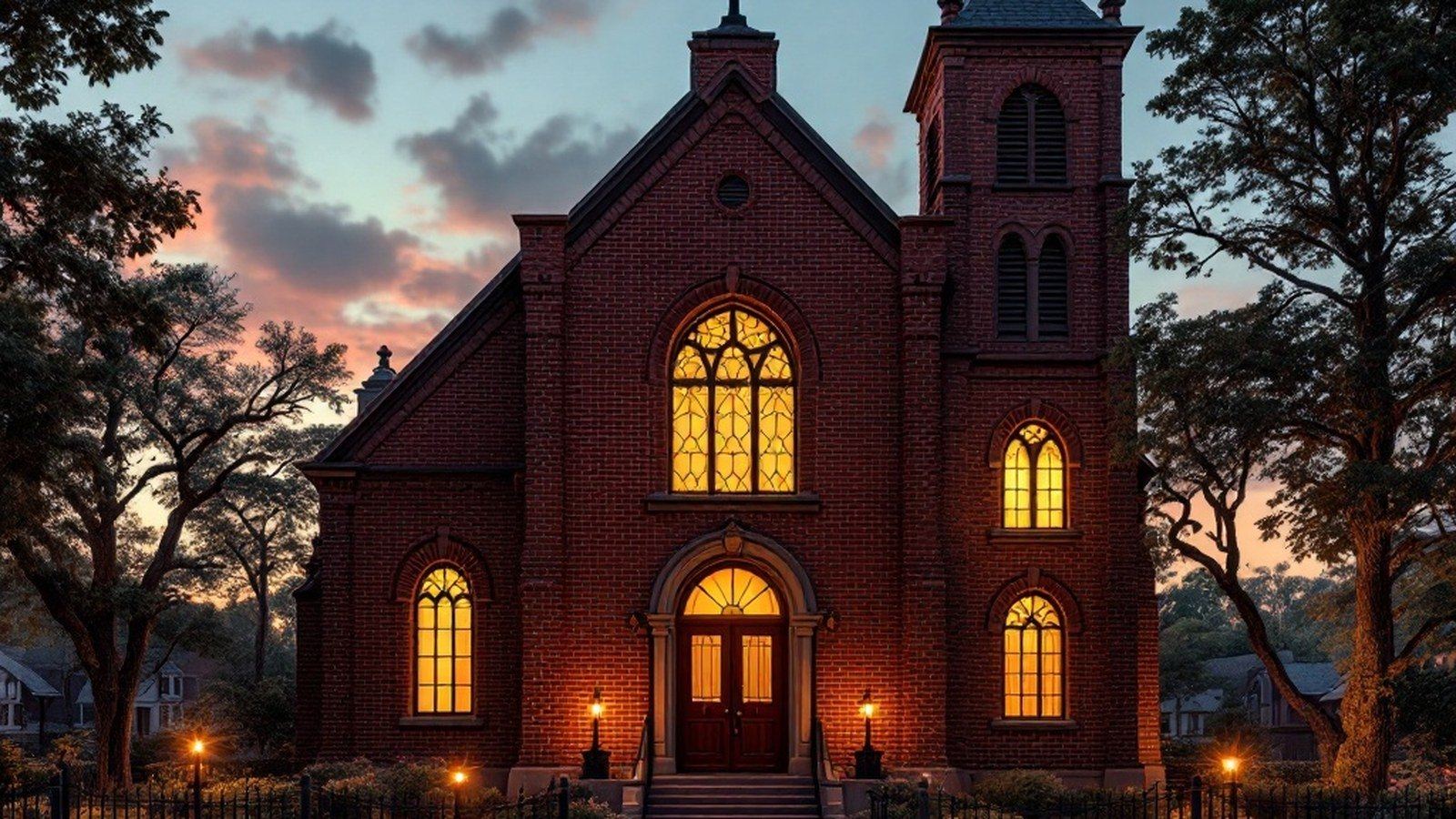 The red-brick facade of an early African Methodist Episcopal church with arched windows