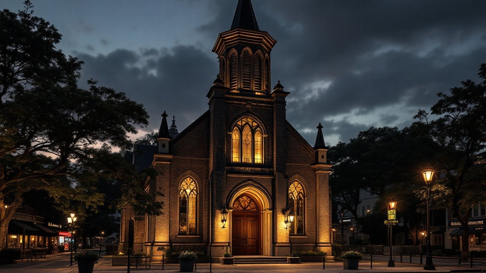 A Gothic Revival stone church on a city corner with its doors open to the street