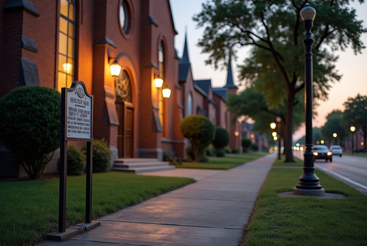 A heritage-trail marker on a sidewalk in front of a historic Black church