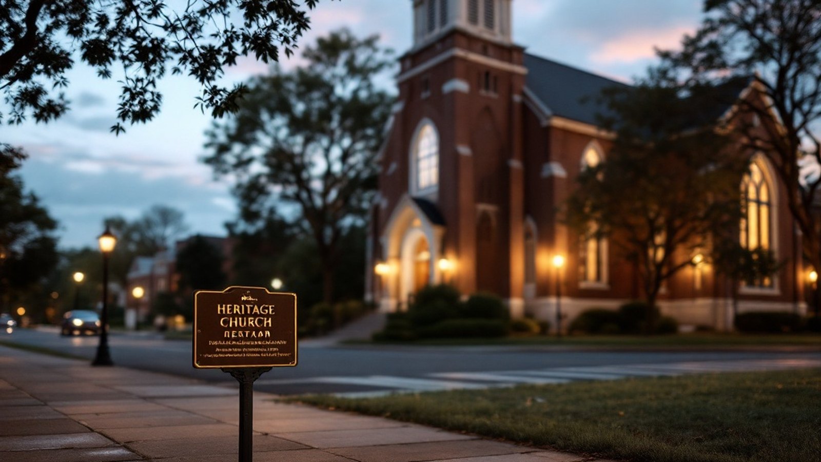 A heritage-trail marker on a sidewalk in front of a historic Black church
