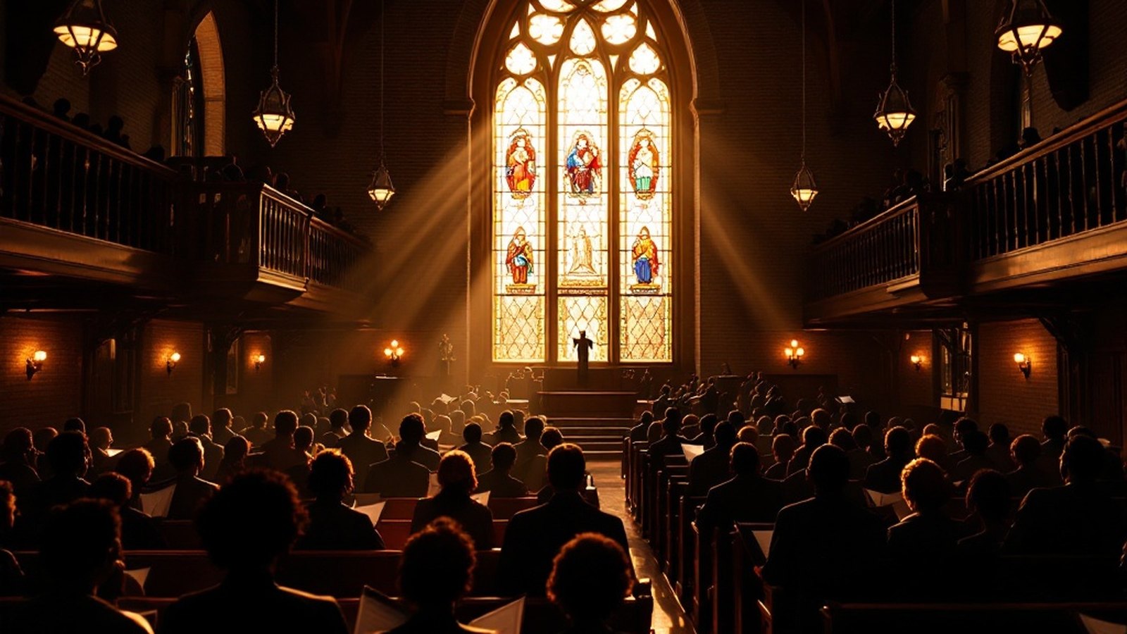 Sunlight streaming through a tall stained-glass window onto the pews and balcony of a historic African American church sanctuary