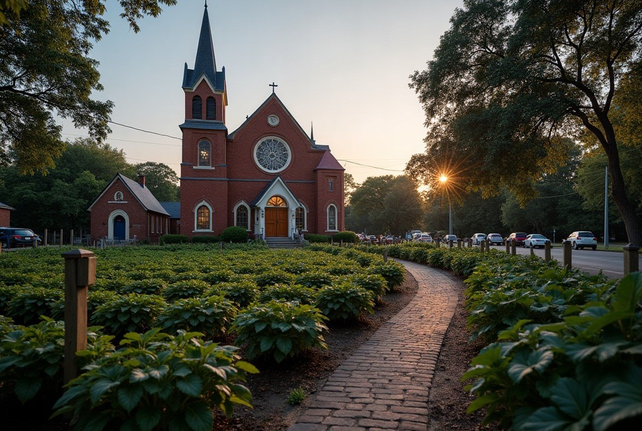 A church community garden and food-pantry line beside a brick sanctuary