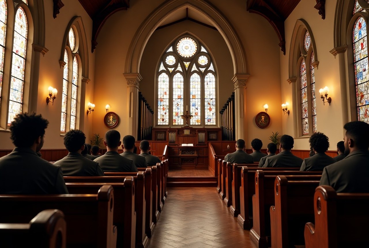 The interior of a historic Black church with tall arched windows and wooden pews