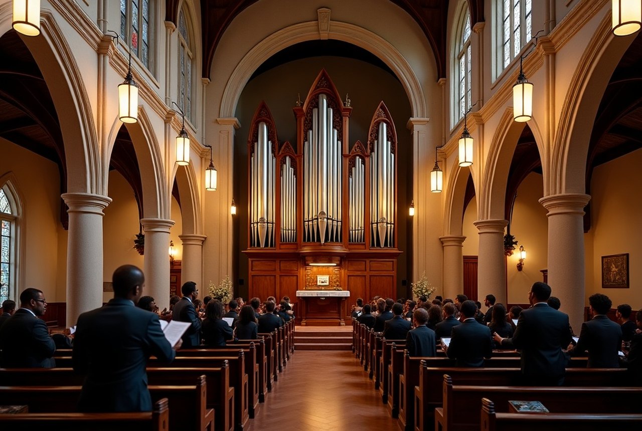 A grand urban church sanctuary with a large pipe organ and a choir loft
