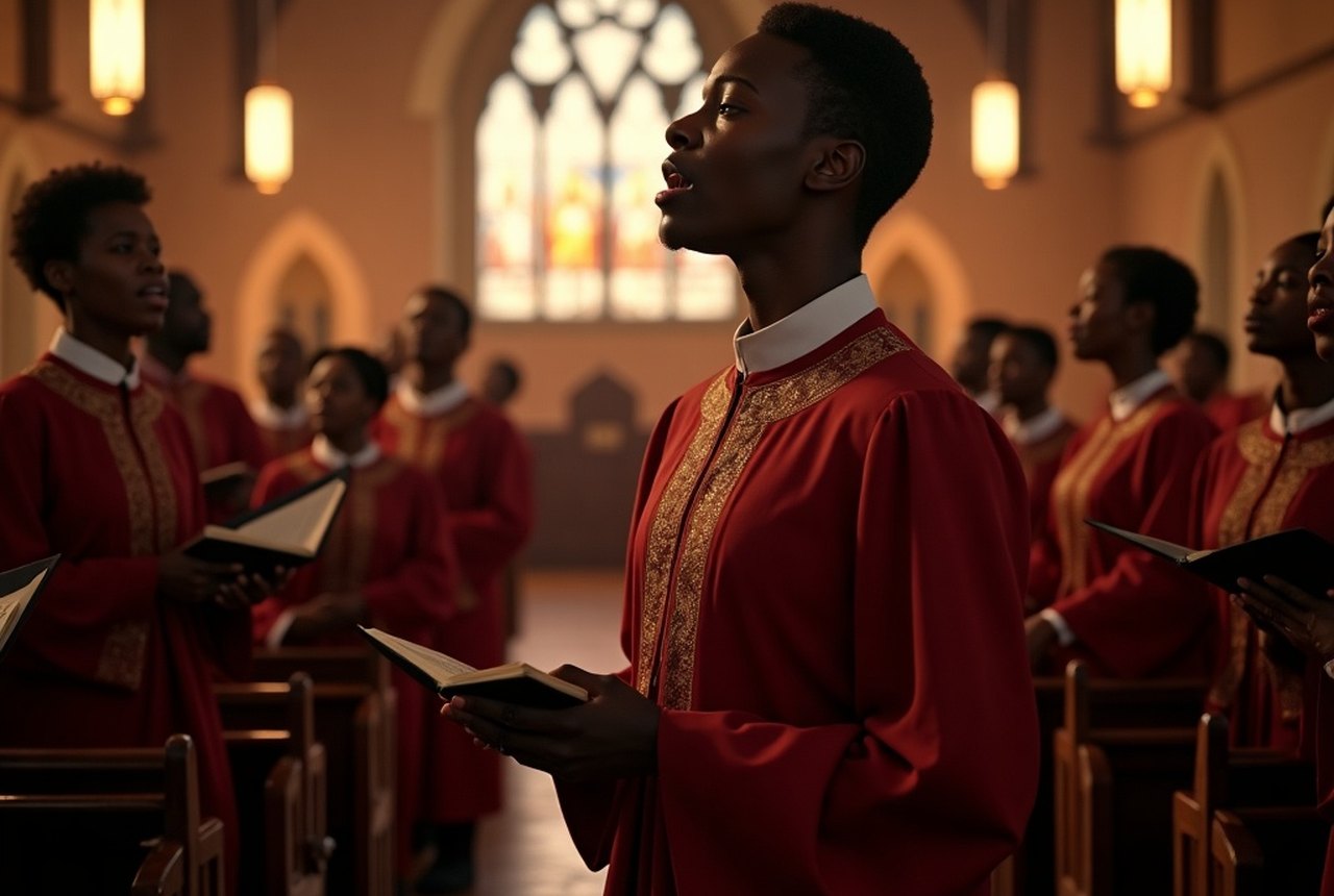 A robed gospel choir mid-song in a bright sanctuary