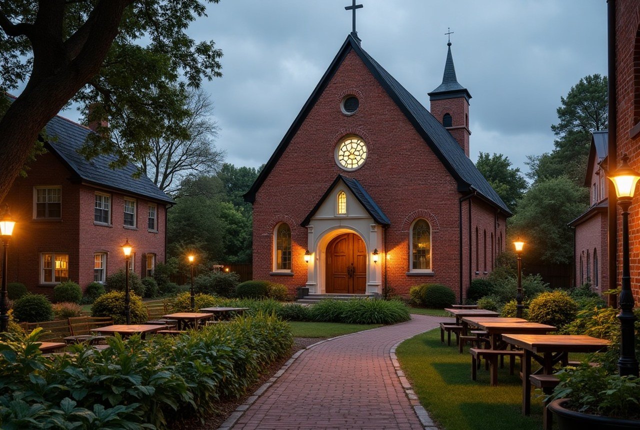 A church community garden and food-pantry tables beside a brick urban sanctuary