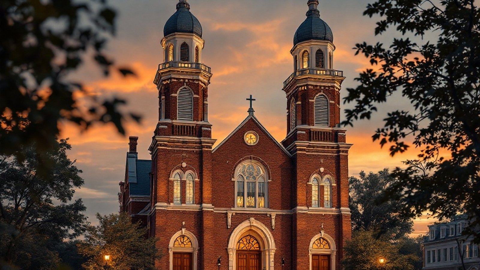 The twin domed towers and red-brick Romanesque Revival facade of a historic red-brick Baptist church
