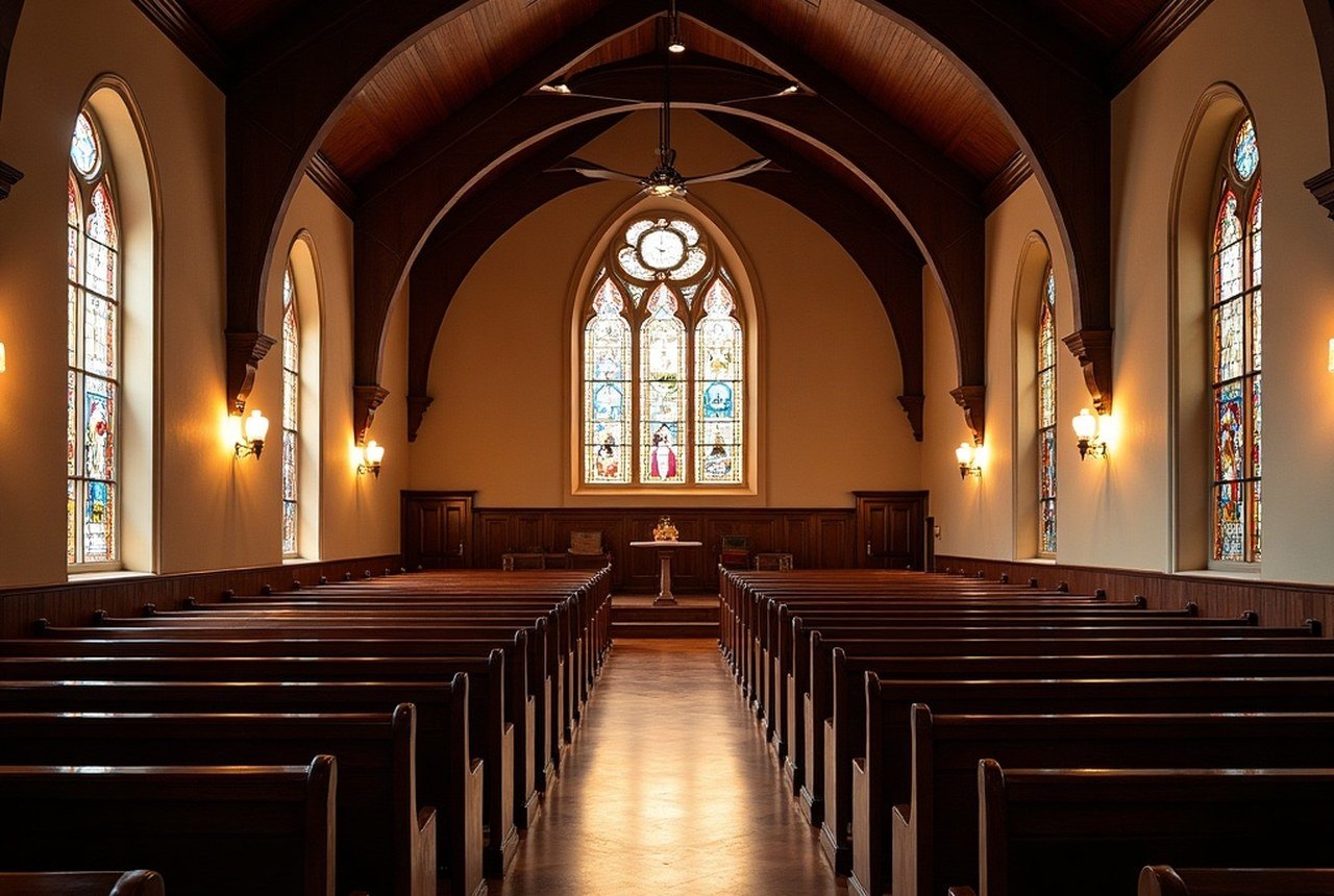 The interior of a historic Black church arranged with both pews and classroom seating