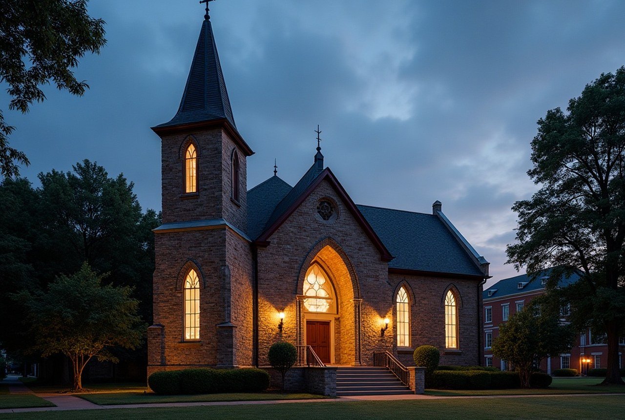 The stone exterior of a historic civil-rights-era Baptist church at dusk