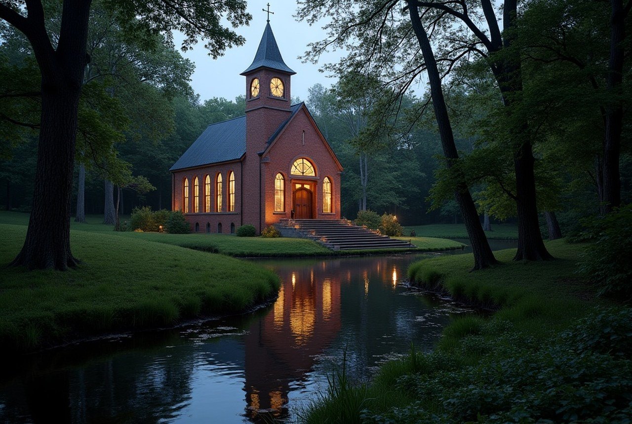 A wooded clearing beside a creek at dusk, the kind of hidden place used for hush-harbor worship
