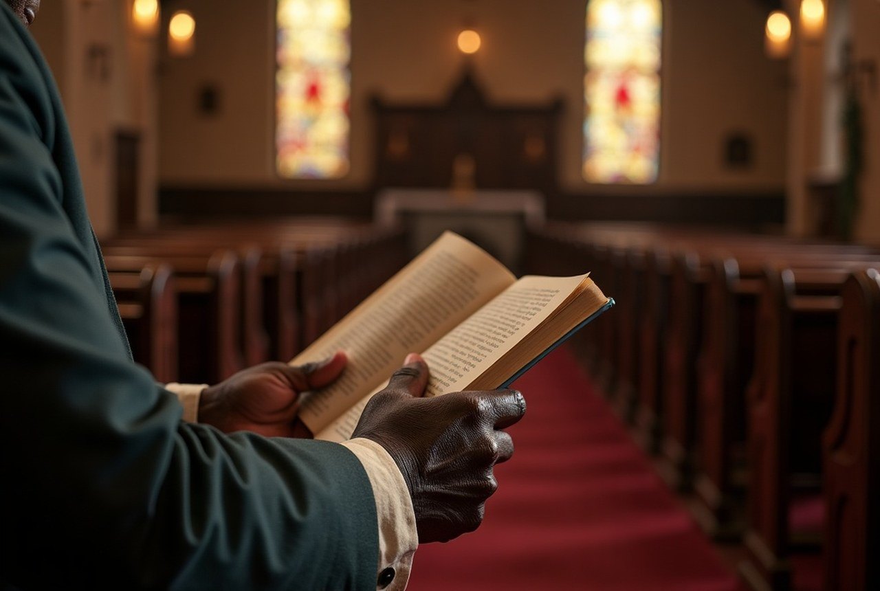 Weathered hands holding an open hymnal in the pew of a historic church